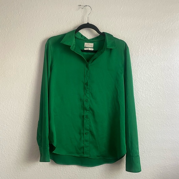 J.Crew Emerald Green Satin Button Down Shirt - Picture 3 of 7